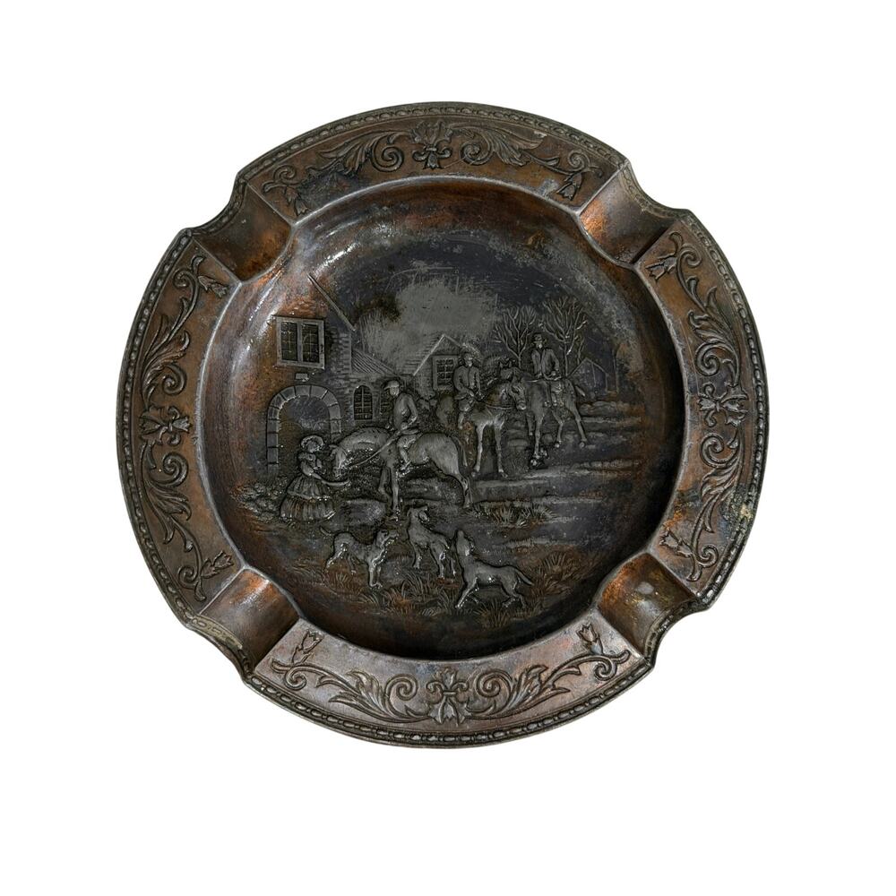 Vintage Cigarette Ashtray Embossed Rustic Village Scene Heavy Bronze brass